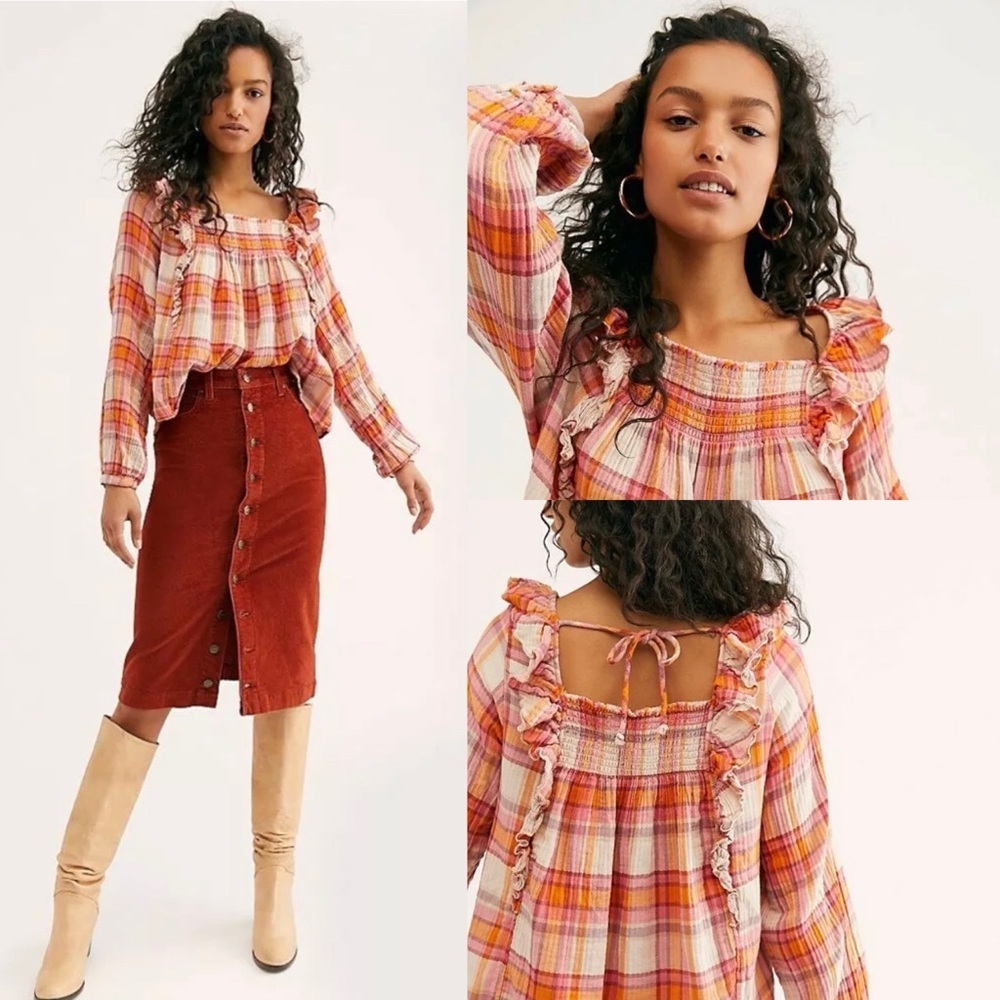 NWT Free People Siena Pink Plaid Pullover  Sm/Med